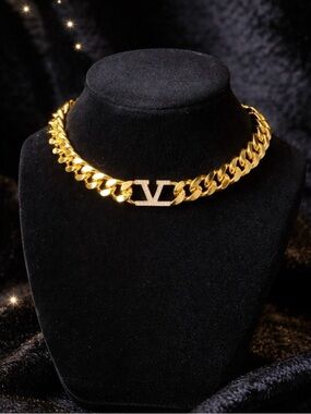 Luxury Gold Valentino Crystal V Logo Necklace